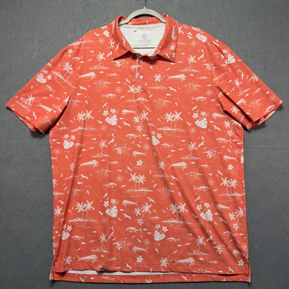 Scales‎ Mens XL Performance Polo Shirt Coral Orange Nautical Fish Tropical Print
